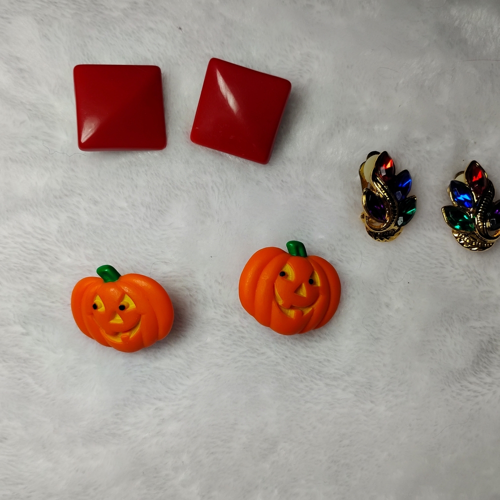 Halloween Pumpkin and Red Square Earrings Set